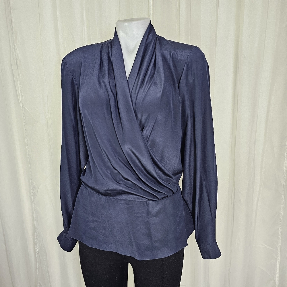 Vintage Evan-Picone Navy Draped Wrap Front Blouse Medium